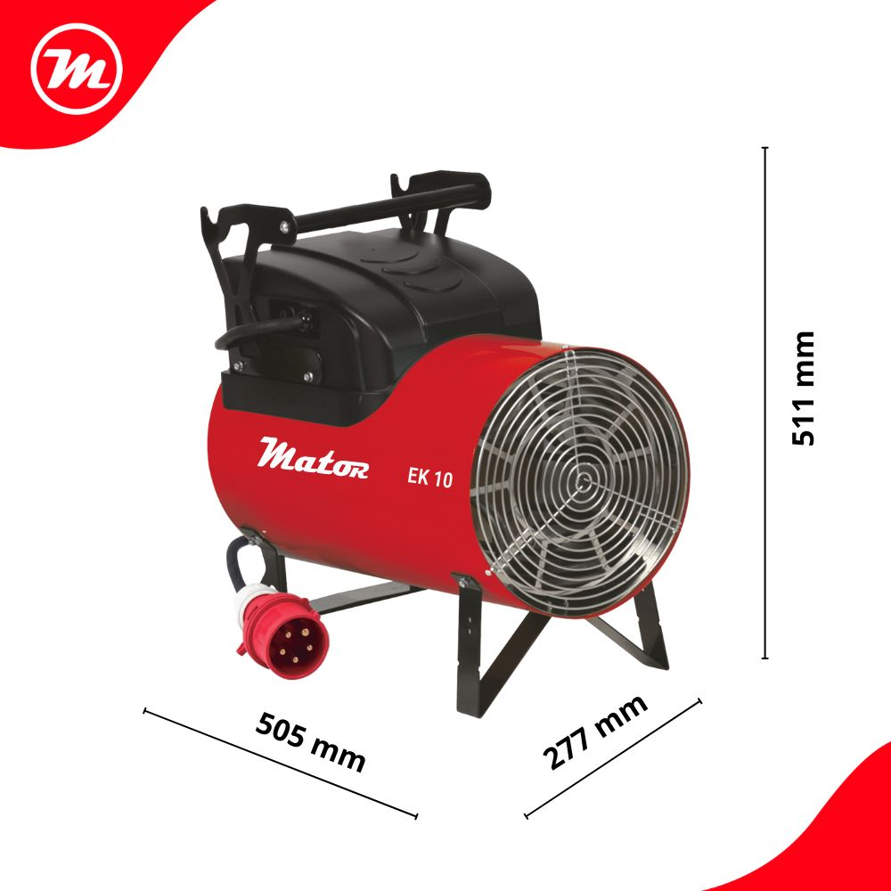 Calefactor industrial rojo con asa negra, rejilla frontal y enchufe eléctrico, con medidas indicadas.