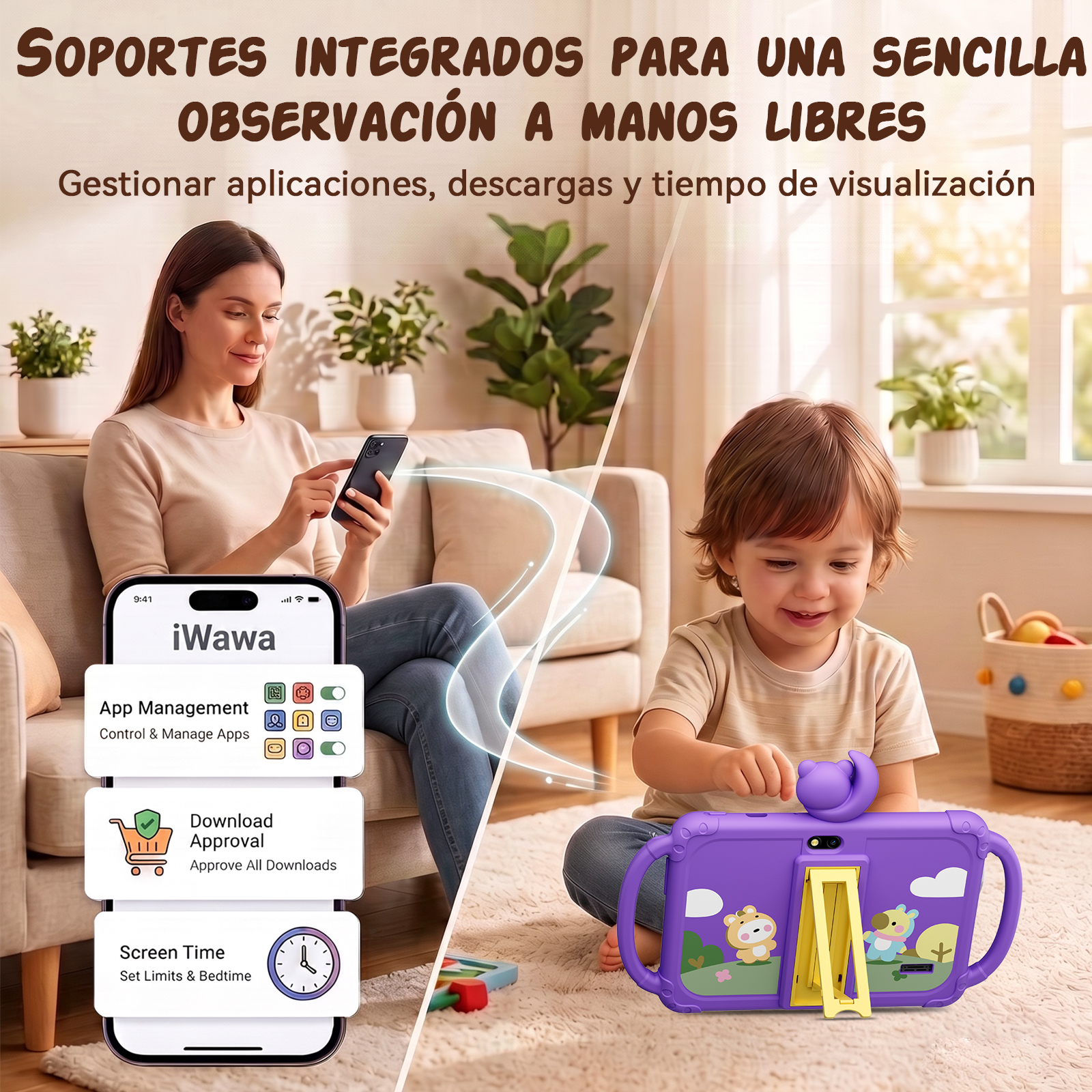 Una madre controla funciones de tablet con una app mientras un niño usa una tablet morada.