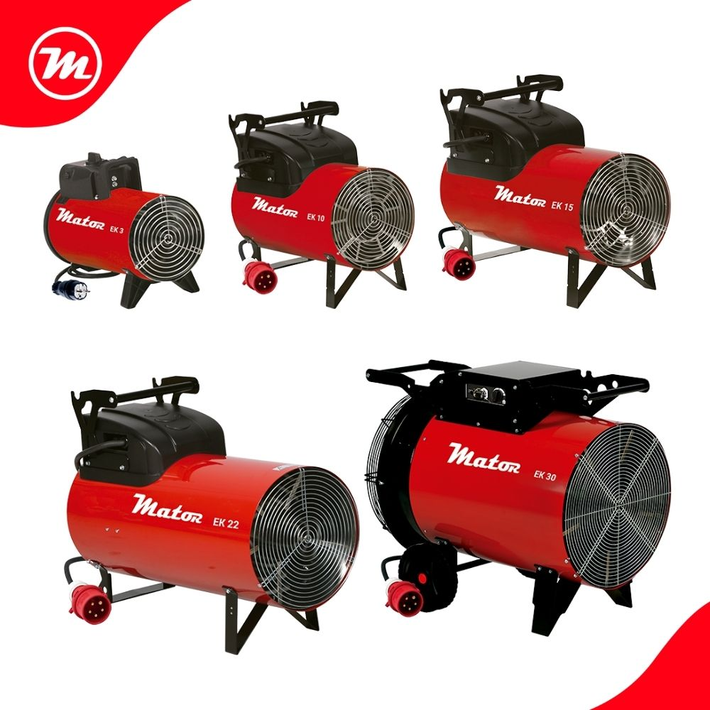 Cinco calefactores de ventilador Mator rojos de varios tamaños con rejillas metálicas sobre fondo blanco.
