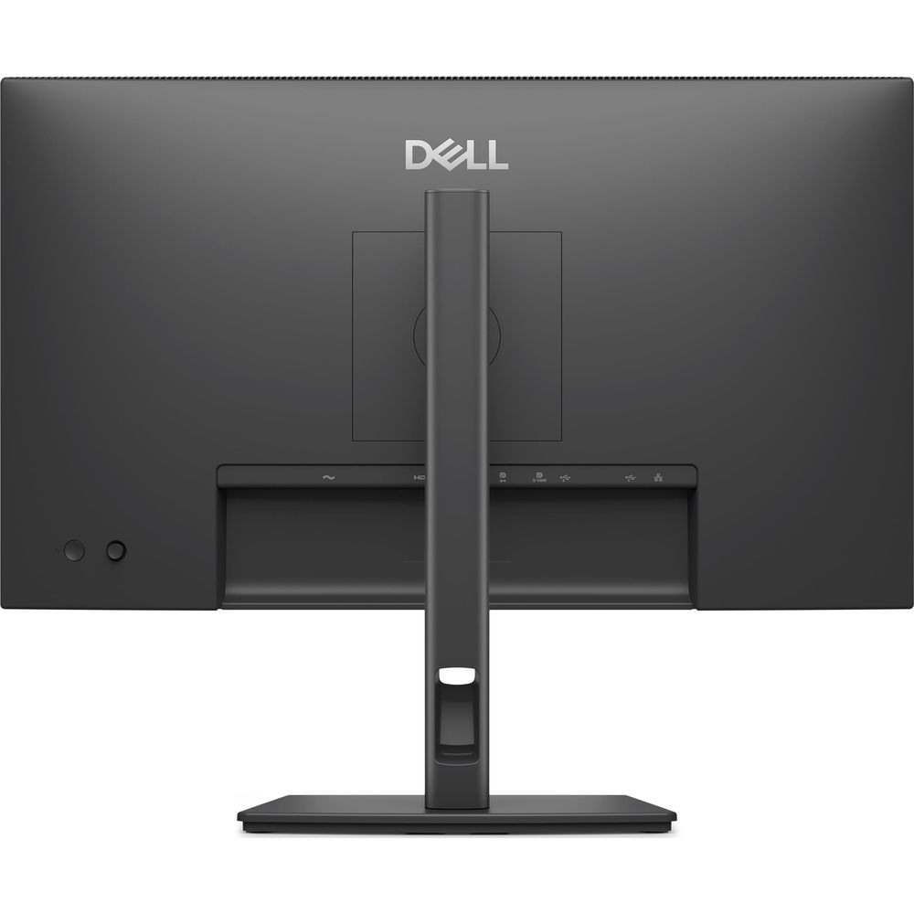 Vista posteriore di un monitor Dell nero con supporto e porte visibili.
