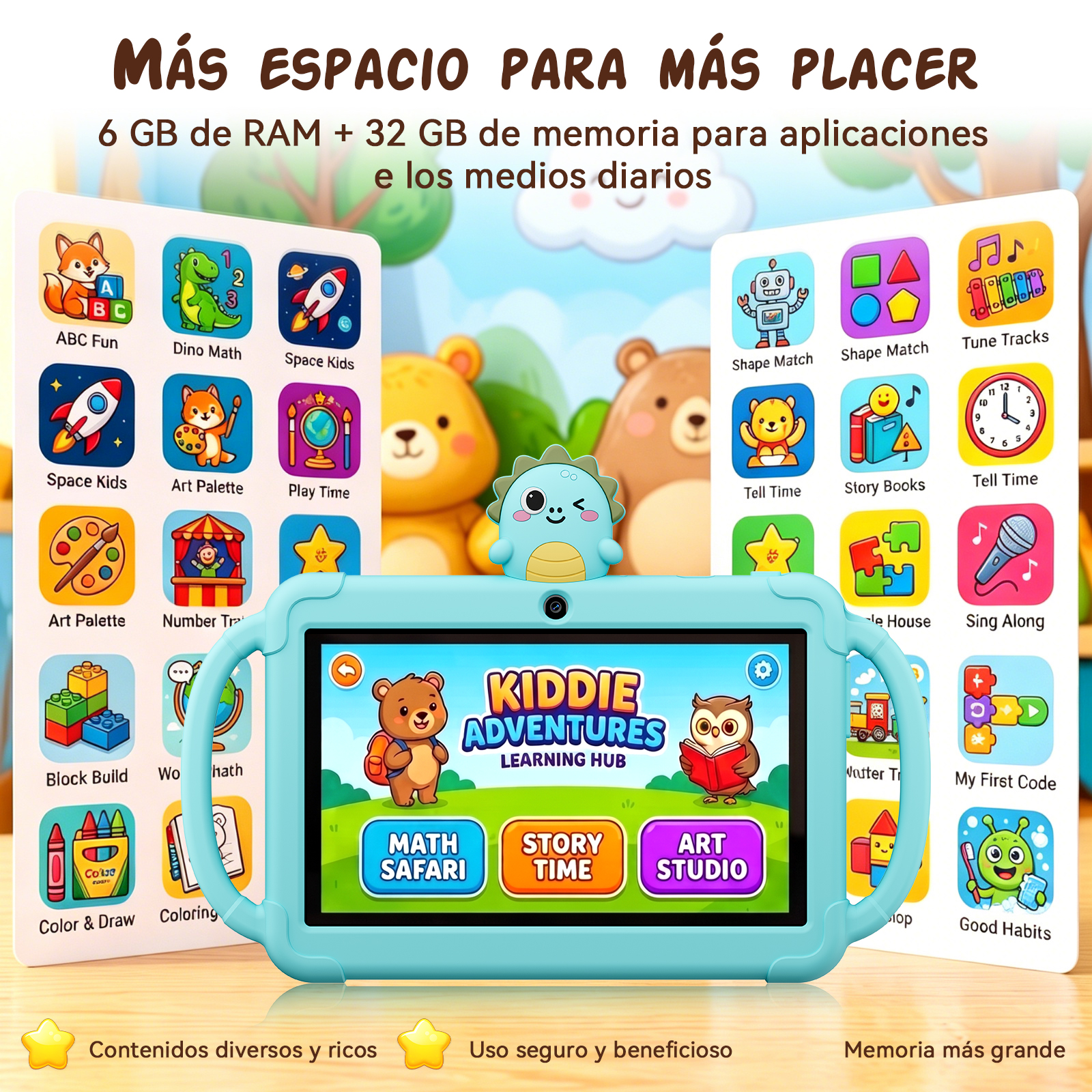 Una tableta azul para niños con aplicaciones educativas y animales lindos sobre fondo blanco.