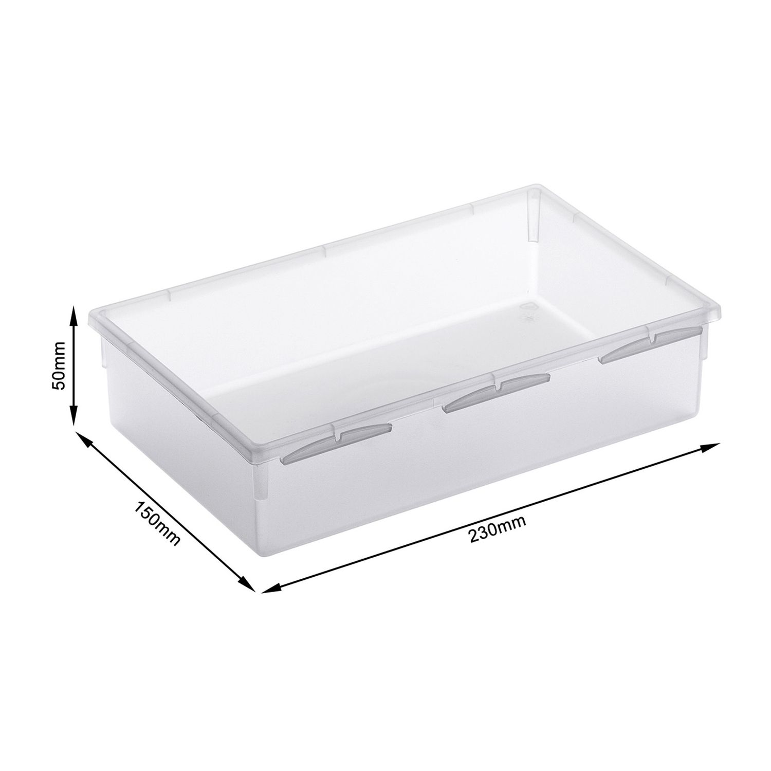 Przezroczyste plastikowe pudełko do przechowywania o wymiarach 230x150x50 mm na białym tle.