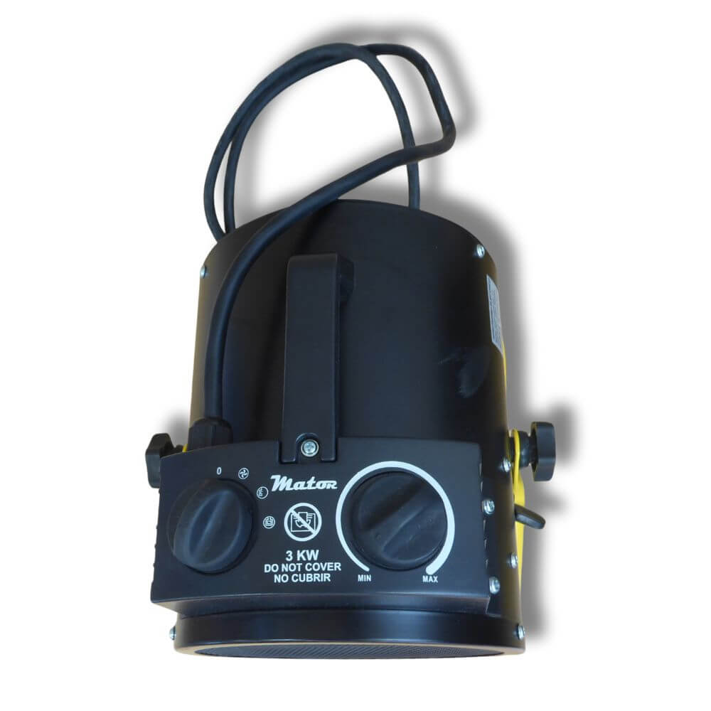 Calefactor eléctrico Mator de 3 kW en color negro con dos mandos y asa de transporte sobre fondo blanco.