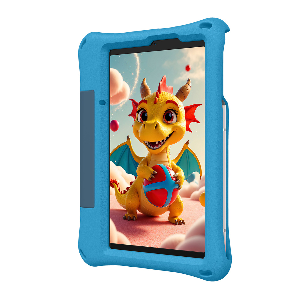 Niebieskie dziecięce etui na tablet przedstawia żółtego smoka z kreskówki trzymającego piłkę.