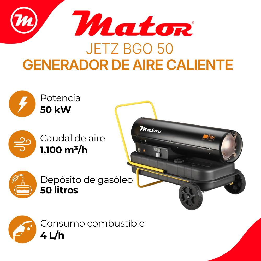 Generador de aire caliente Mator Jetz BGO 50 con ruedas y especificaciones técnicas sobre fondo blanco y rojo.