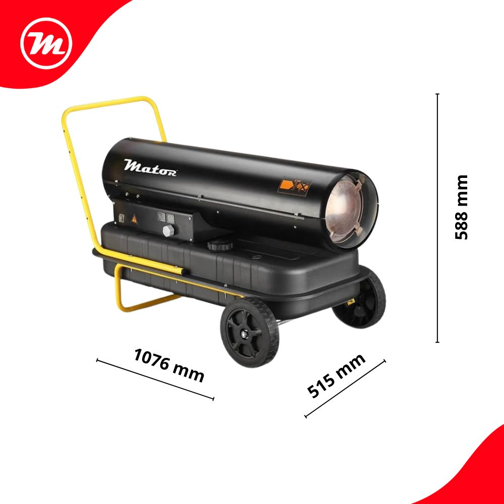 Calefactor negro Mator en carro amarillo con dimensiones: 1076 mm de largo, 515 mm de ancho, 588 mm de alto.