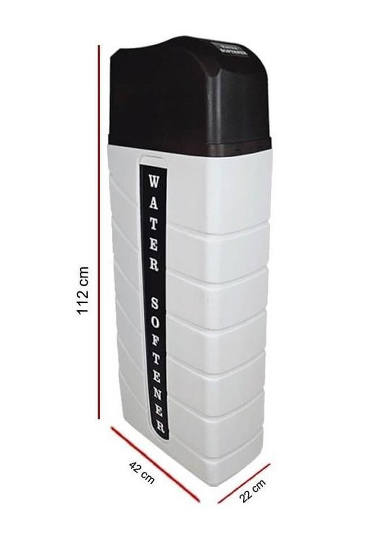 Beyaz arka planda 112x42x22 cm boyutlarında beyaz ve siyah su yumuşatıcı.