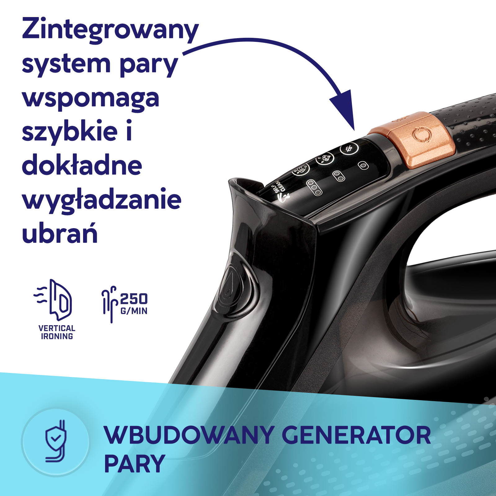 Zbliżenie czarnego żelazka ze zintegrowanym systemem pary i przyciskami.
