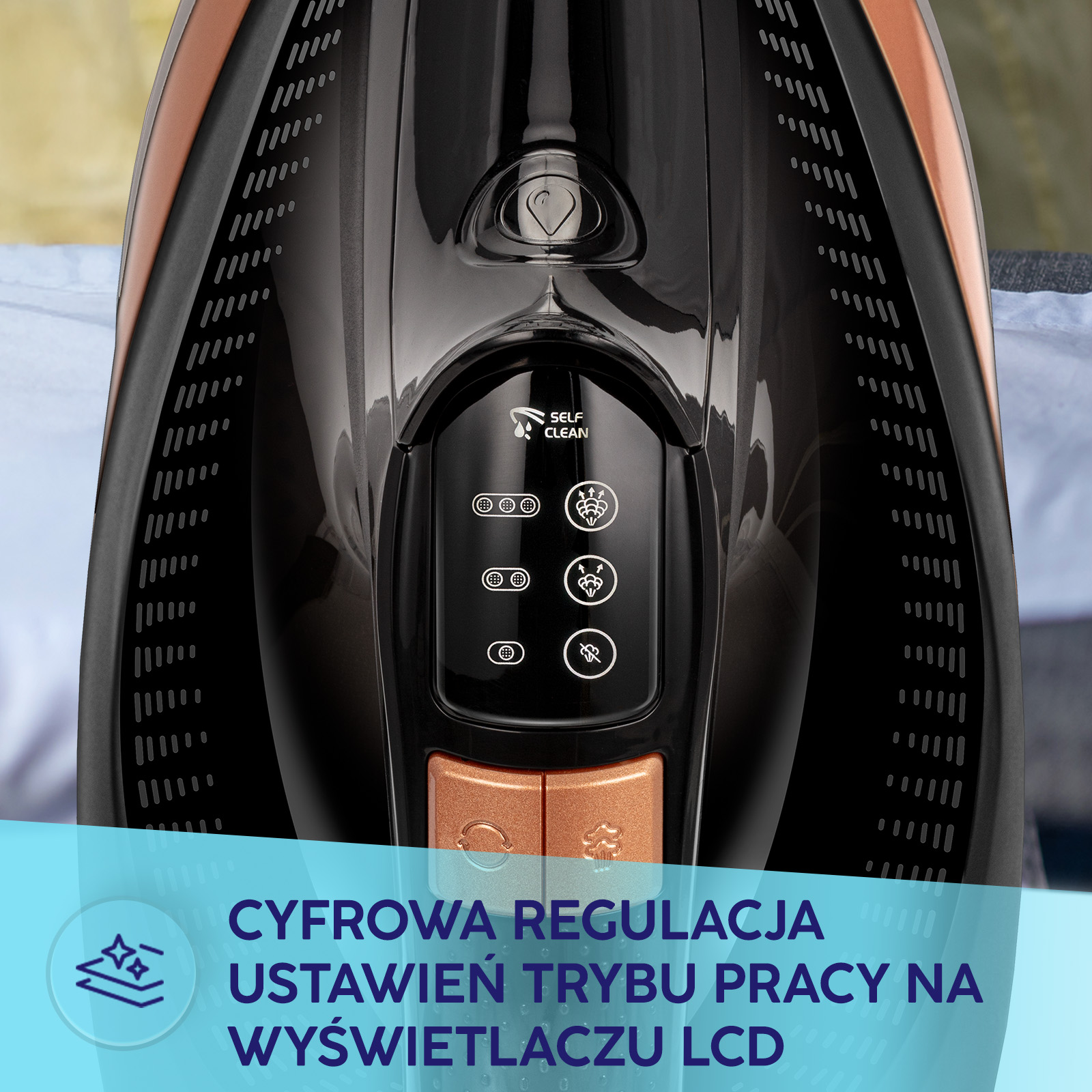 Zbliżenie czarno-miedzianego żelazka z cyfrowym wyświetlaczem i ikonami.