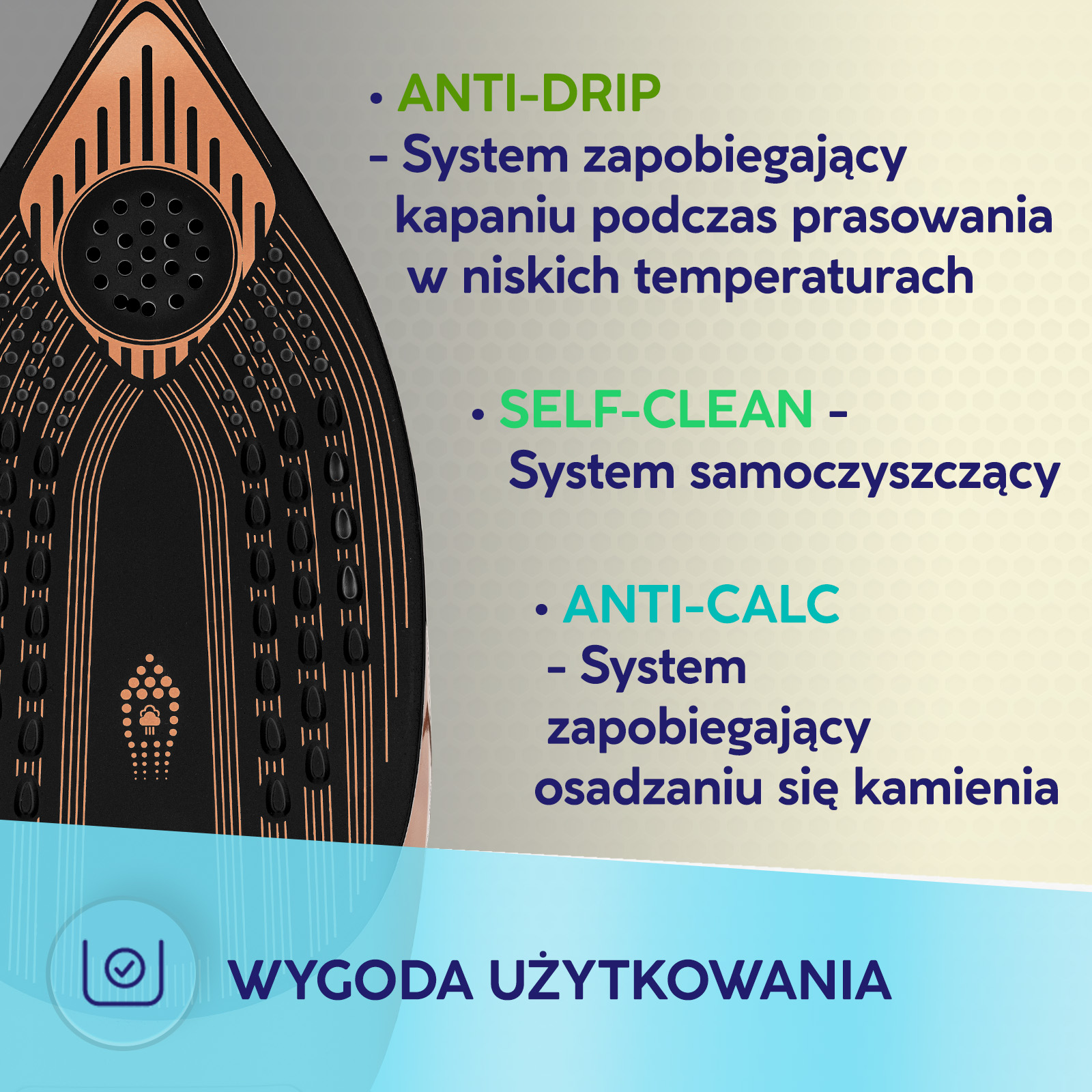 Stopa żelazka z funkcjami Anti-Drip, Self-Clean i Anti-Calc oraz napisem WYGODA UŻYTKOWANIA.