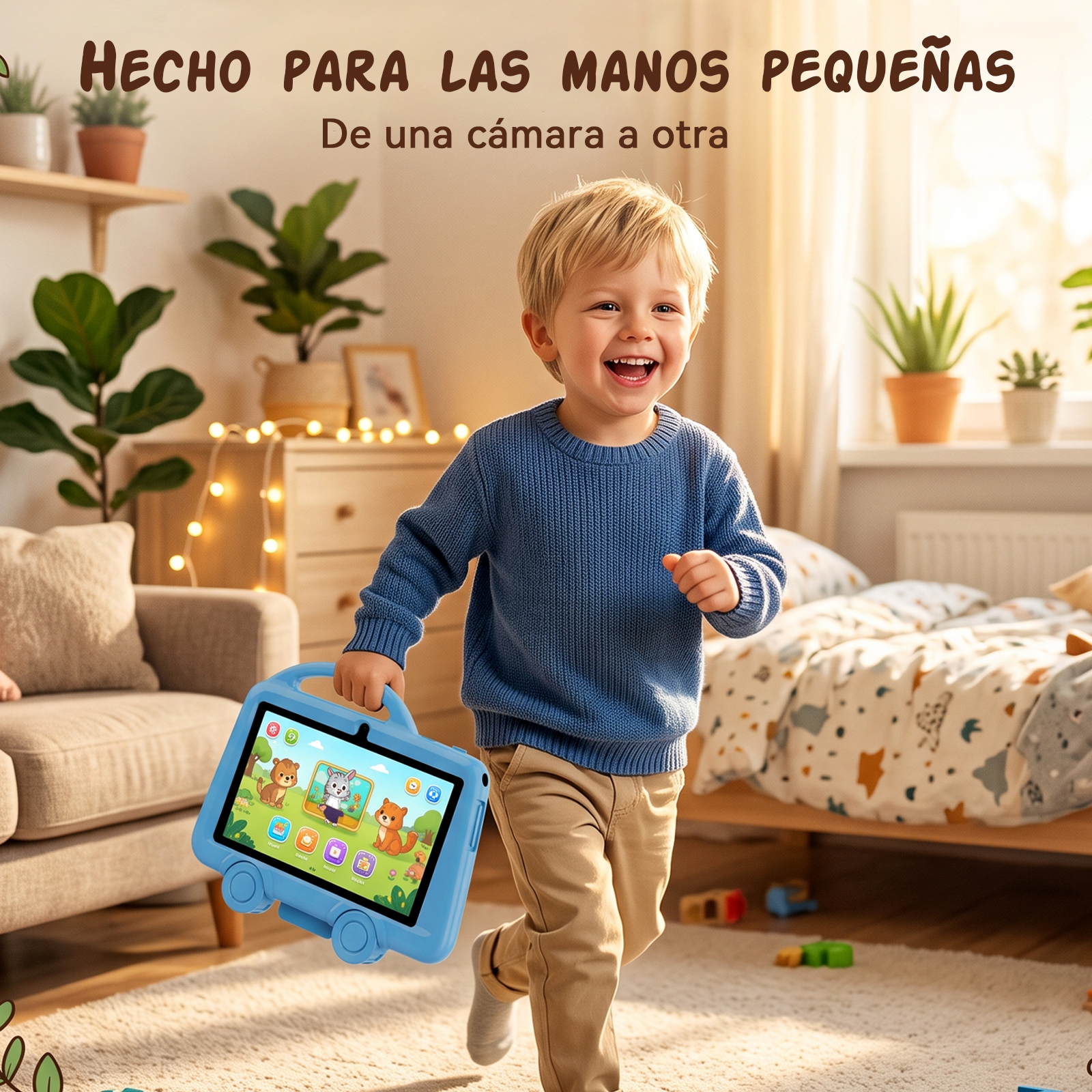 Niño feliz corriendo en la habitación sosteniendo una tableta de juguete azul.