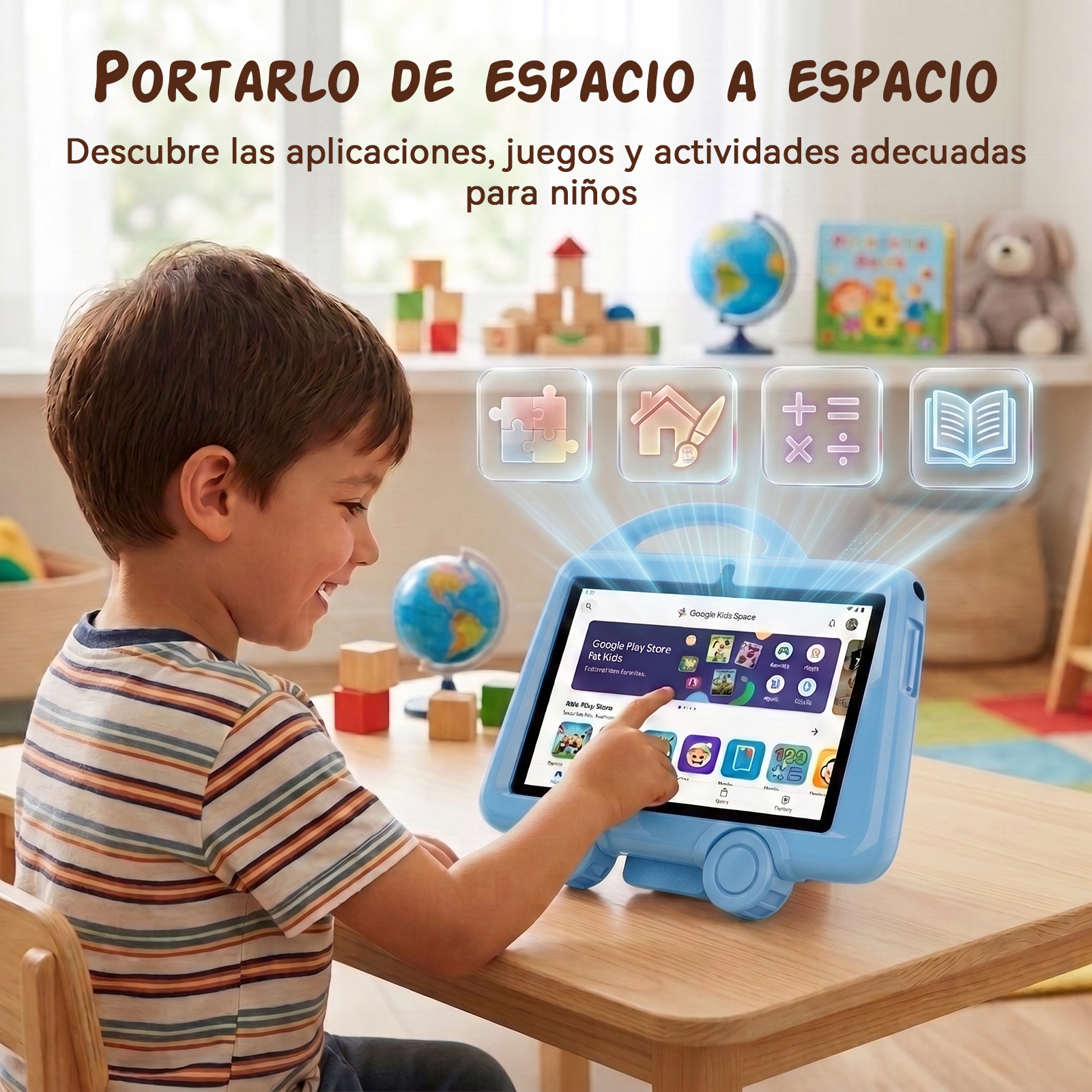 Un niño usa una tableta azul para niños con iconos holográficos en una habitación colorida.