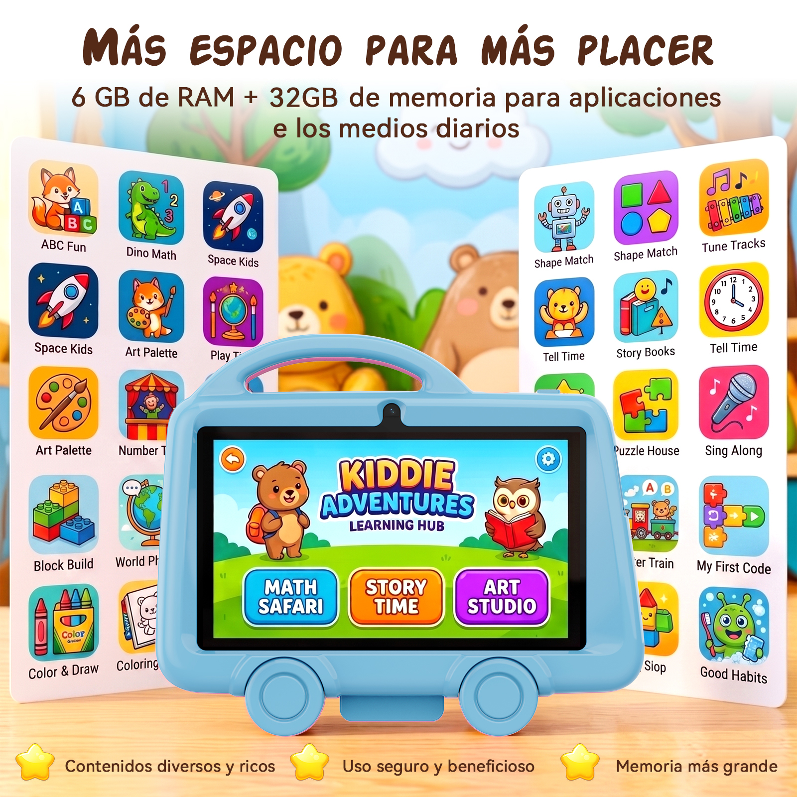 Una tableta azul para niños que muestra aplicaciones educativas con iconos coloridos.