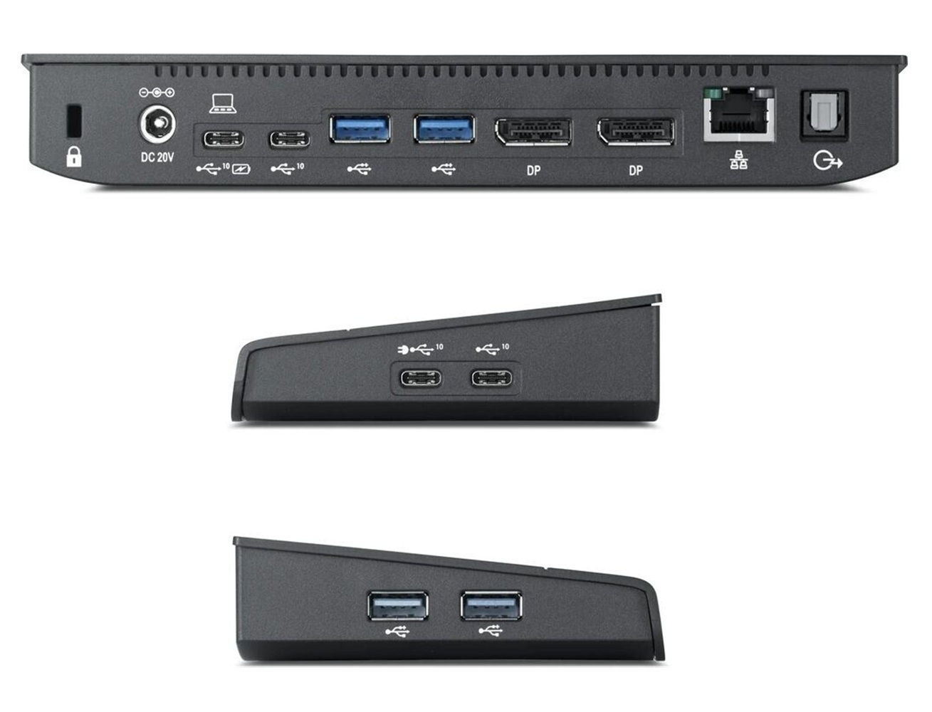 Widok z tyłu i z boku czarnej stacji dokującej z różnymi portami USB, DisplayPort i Ethernet.