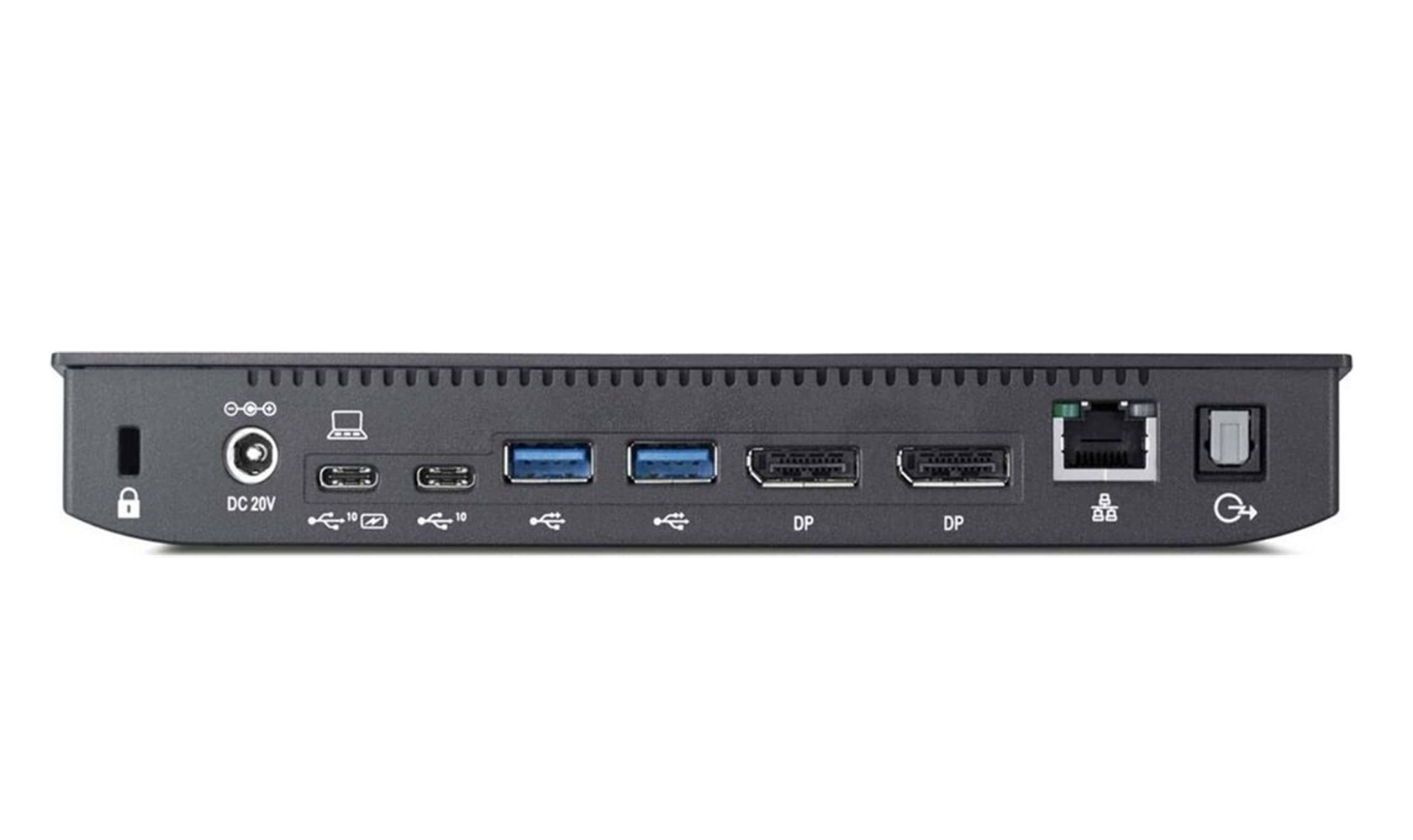 Tylny panel czarnej stacji dokującej z portem zasilania, USB-C, portami USB, DisplayPort i Ethernet.