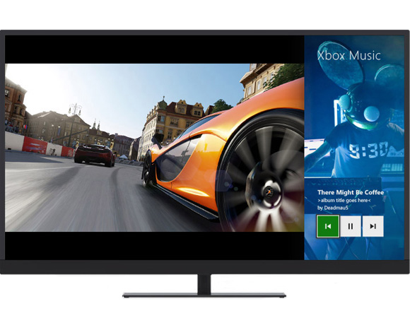 A TV displays a racing game on the left and an Xbox Music interface on the right.