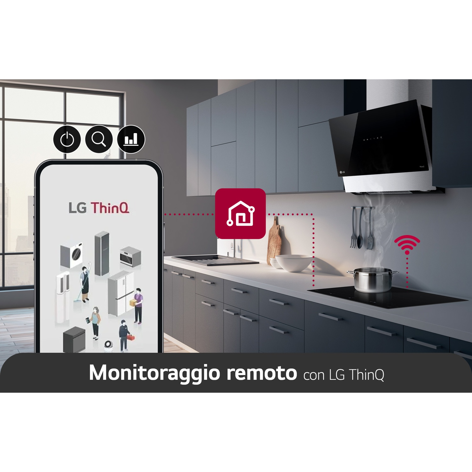 Uno smartphone con app LG ThinQ in una cucina moderna con elettrodomestici smart.