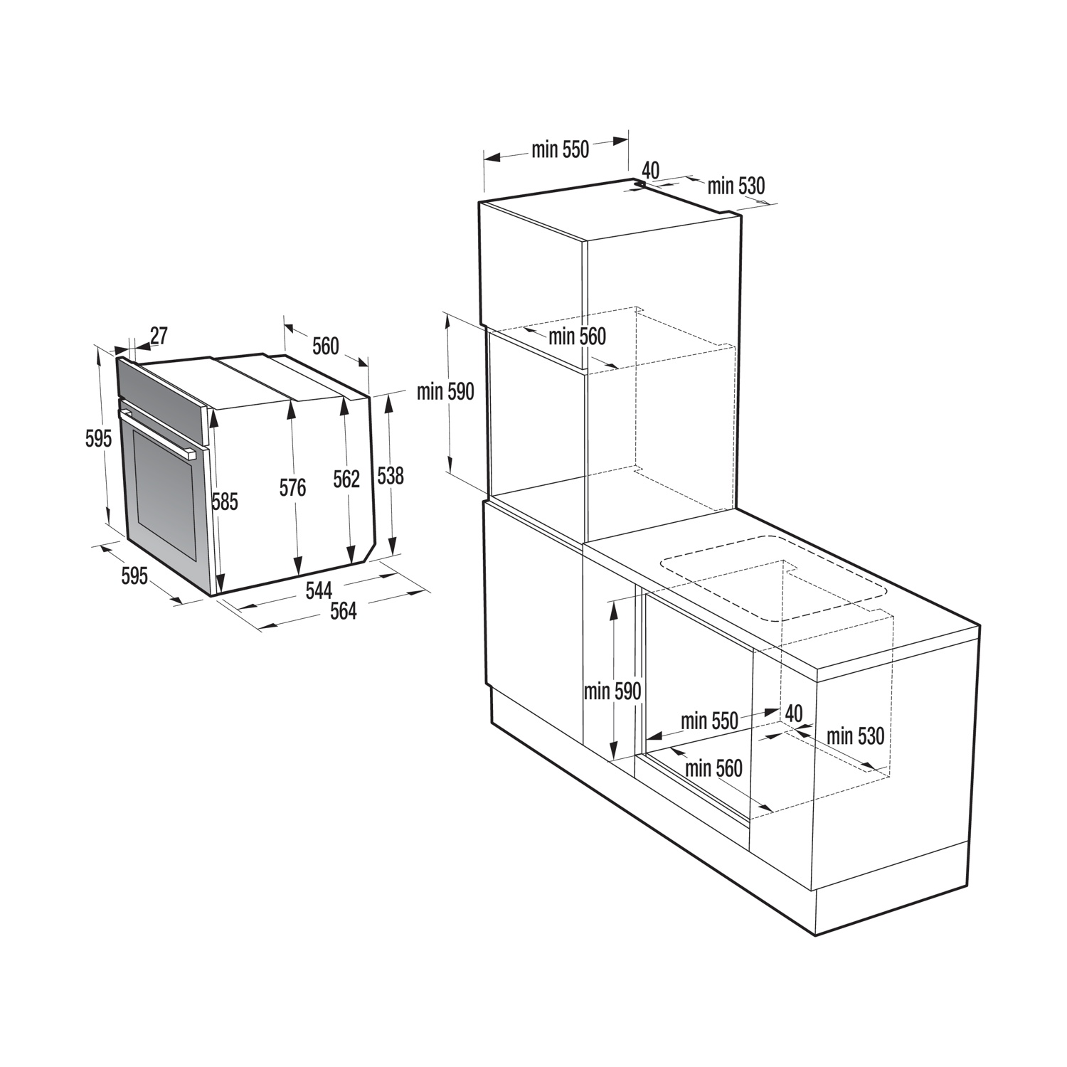 Disegno tecnico con dimensioni di installazione per un forno e mobili da cucina.