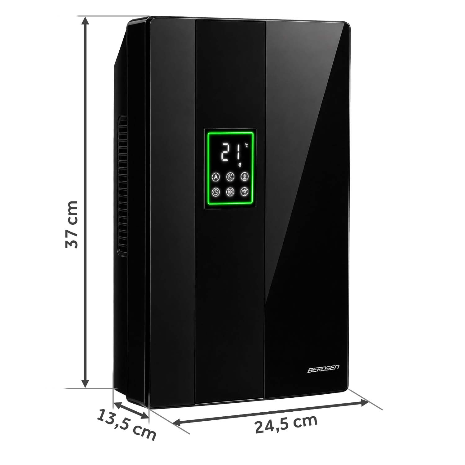 Czarny osuszacż powietrza o wysokości 37 cm, szerokości 24,5 cm i głębokości 13,5 cm, z zielonym wyświetlaczem.