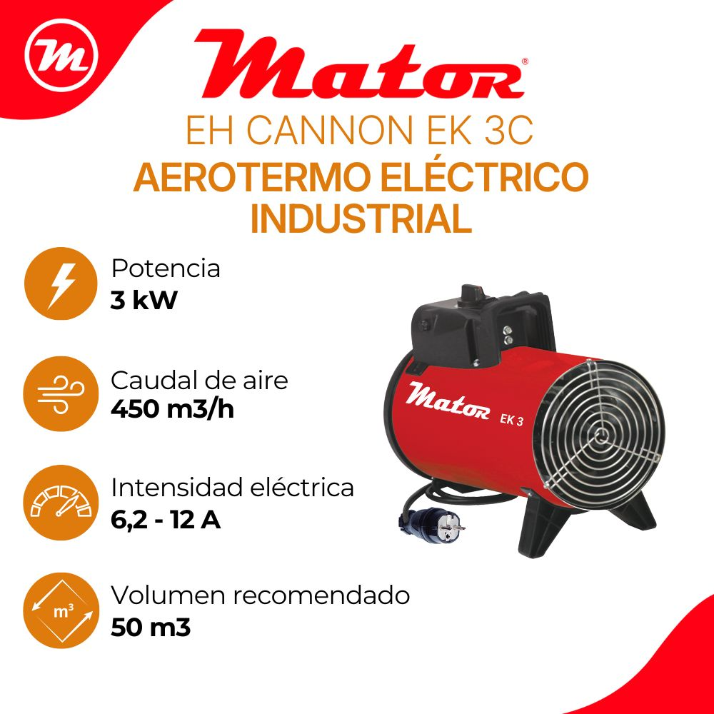 Calefactor eléctrico industrial rojo Mator EH Cannon EK 3C con especificaciones.