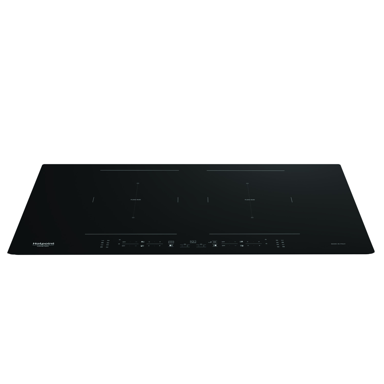 Una placa de inducción negra Hotpoint Ariston con controles táctiles y zonas flexi duo sobre fondo blanco.