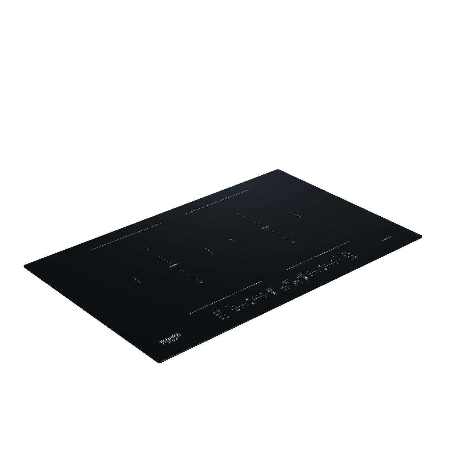 Una encimera de inducción negra moderna con controles táctiles y la marca Hotpoint Ariston en fondo blanco.
