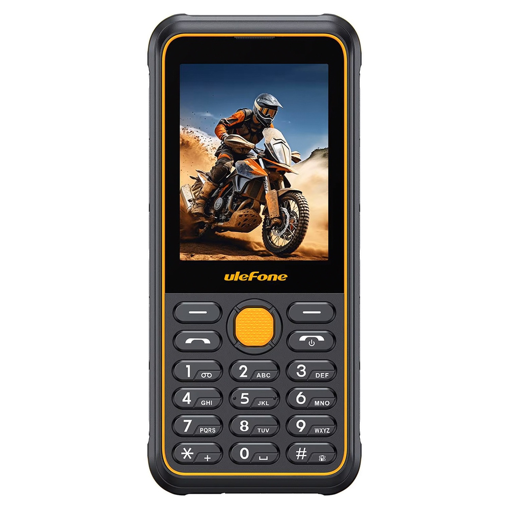 Czarny telefon z klawiszem Ulefone z pomarańczowymi akcentami, fizyczną klawiaturą i ekranem z motocyklistą.