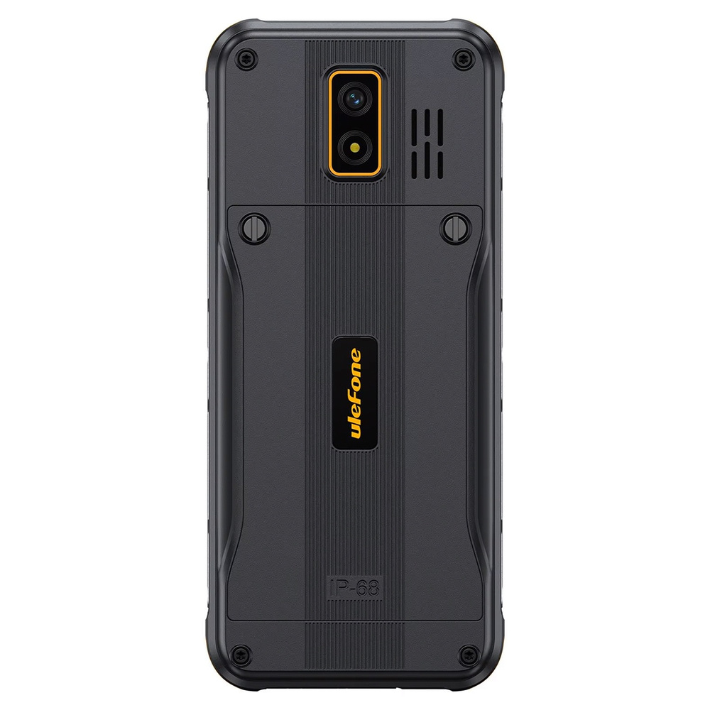 Tył wytrzymałego czarnego smartfona z podwójnym aparatem, żółtymi akcentami i logo Ulefone.