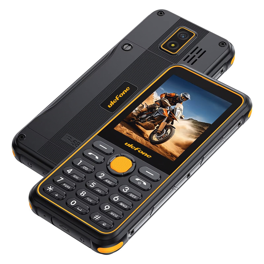 Wytrzymały czarny telefon Ulefone z pomarańczowymi akcentami i ekranem przedstawiającym motocyklistę.