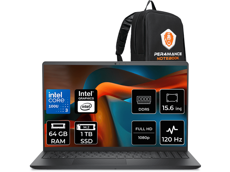 DELL Pro 15 Essential FHD PV15250P333 Intel Core 3 100U 64 GB RAM 1 TB SSD 15,6 inç FreeDOS Laptop+Çanta Siyah