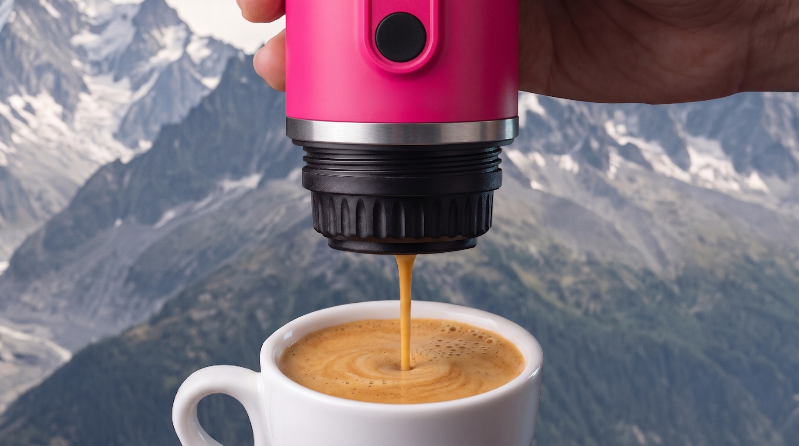 Ręka trzyma różowy ekspres do kawy wlewający espresso do białego kubka na tle gór.
