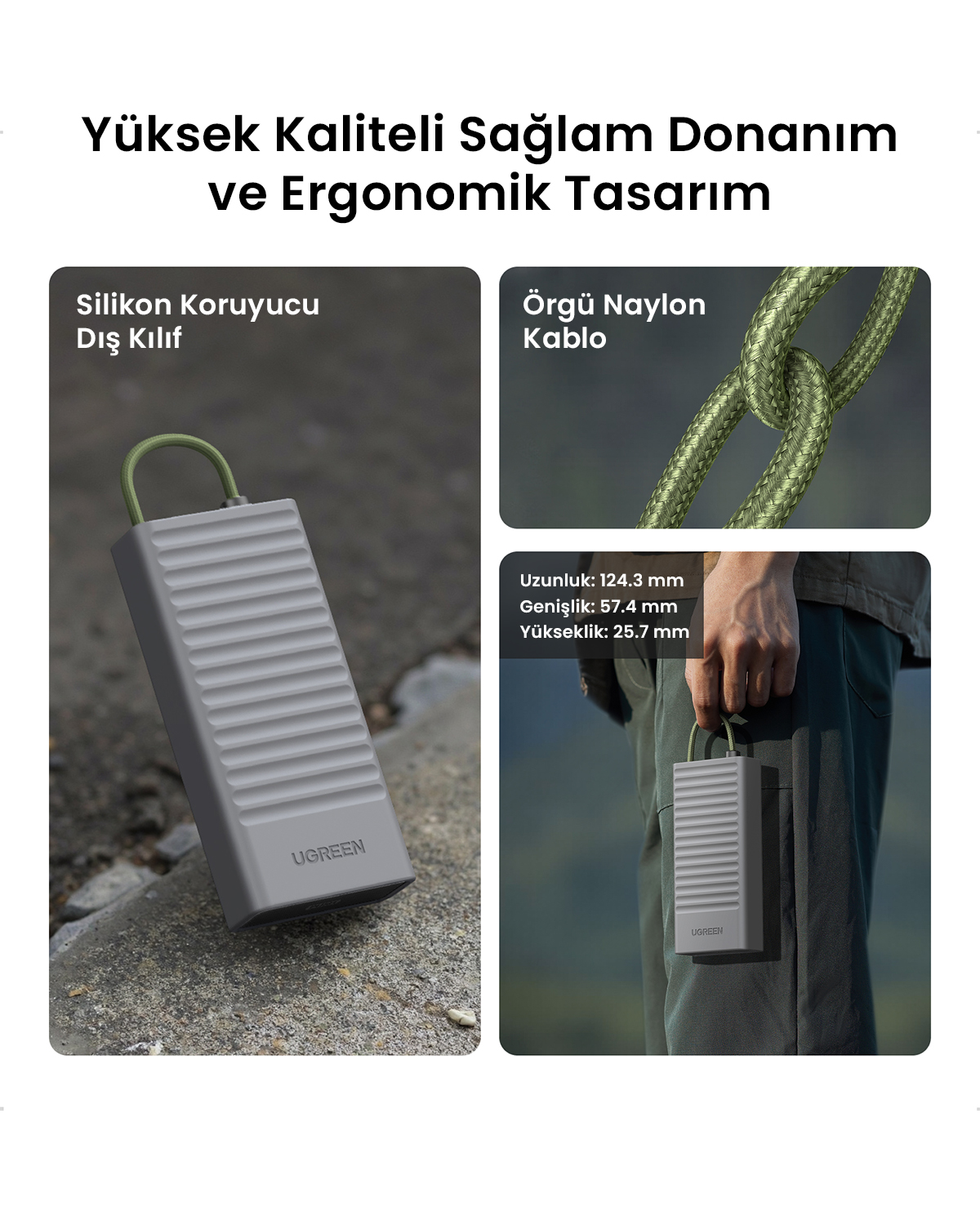 Szary powerbank UGREEN z silikonowym etui i zielonym paskiems, oraz zbliżenie plecionego kabla.
