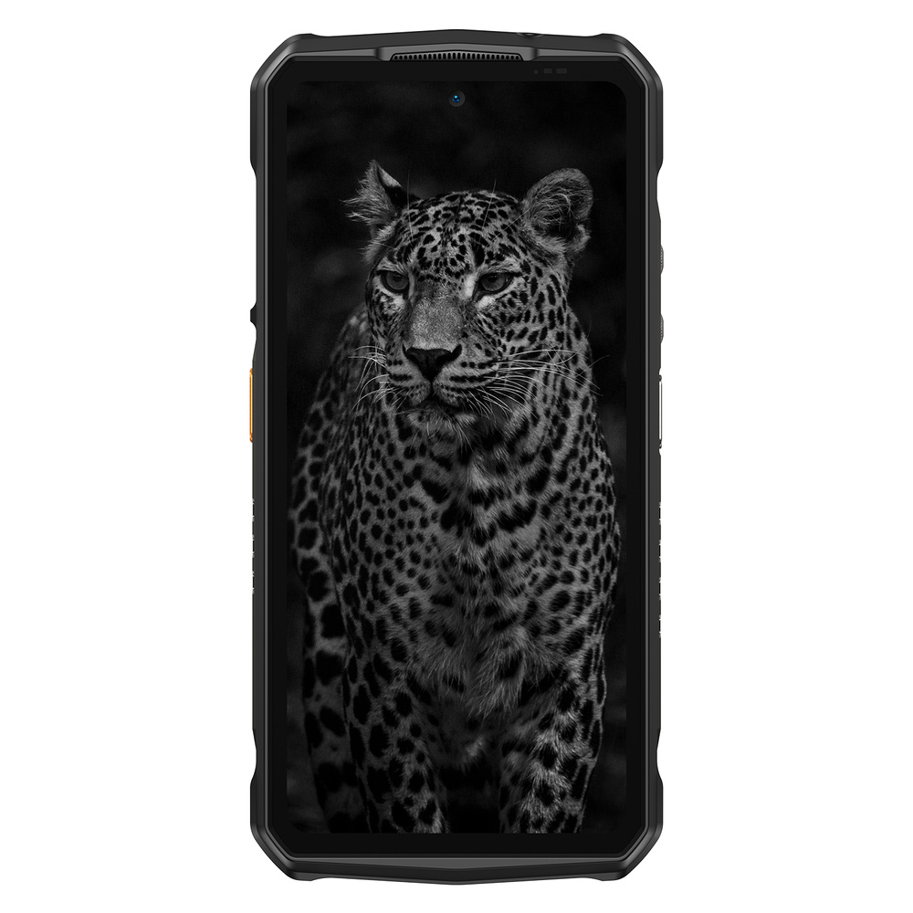 Wytrzymały smartfon wyświetla na ekranie czarno-białe zdjęcie lamparta.