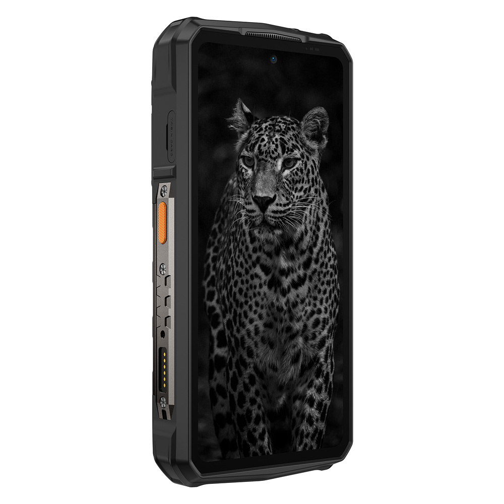 Wytrzymały czarny smartfon z lampartem na ekranie i pomarańczowymi przyciskami z boku.