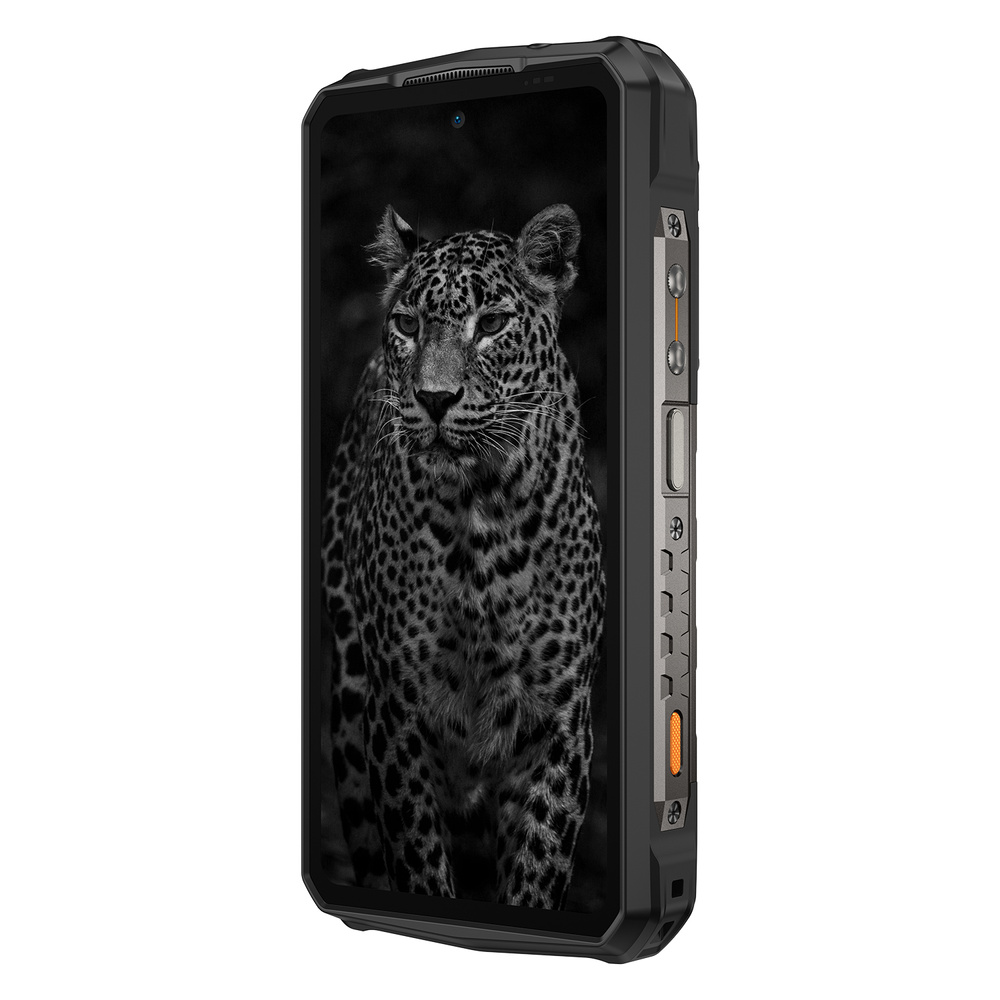Wytrzymały czarny smartfon z czarno-białym zdjęciem lamparta na ekranie.