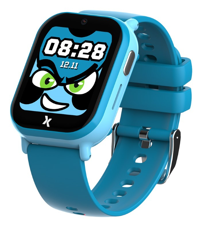 Niebieski smartwatch dla dzieci z cyfrową tarczą przedstawiającą twarz potwora i godzinę 08:28.