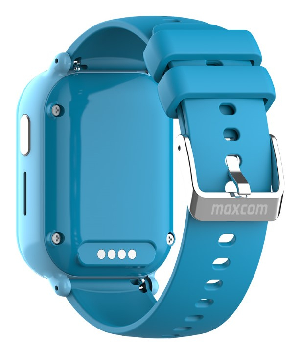 Niebieski smartwatch widziany od tyłu, z silikonowym paskiem i srebrną klamrą z logo Maxcom.