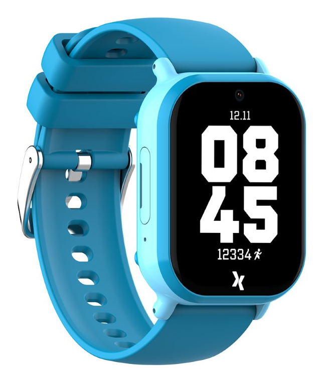Niebieski smartwatch z czarnym ekranem pokazującym godzinę 08:45 i kroki.