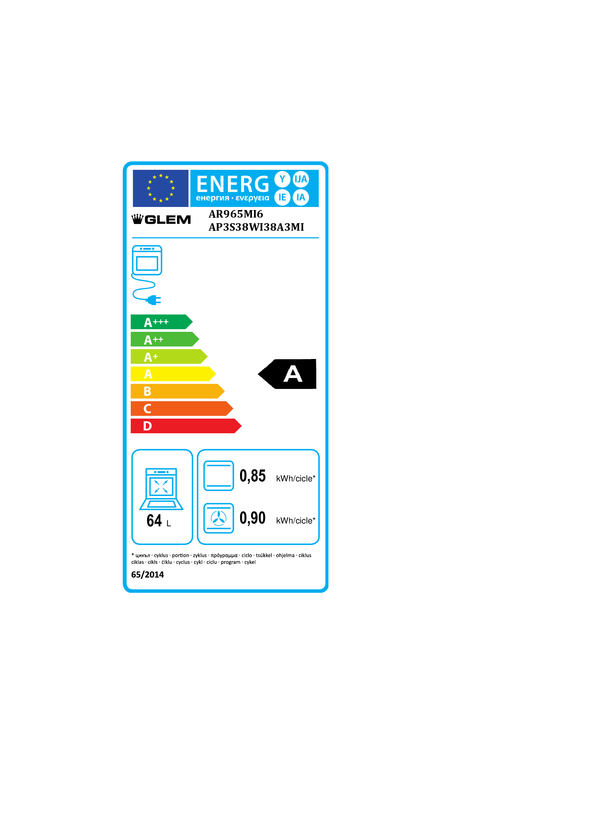 Etichetta energetica per forno GLEM AR965MI6 con classe A, capacità 64L e dati di consumo.