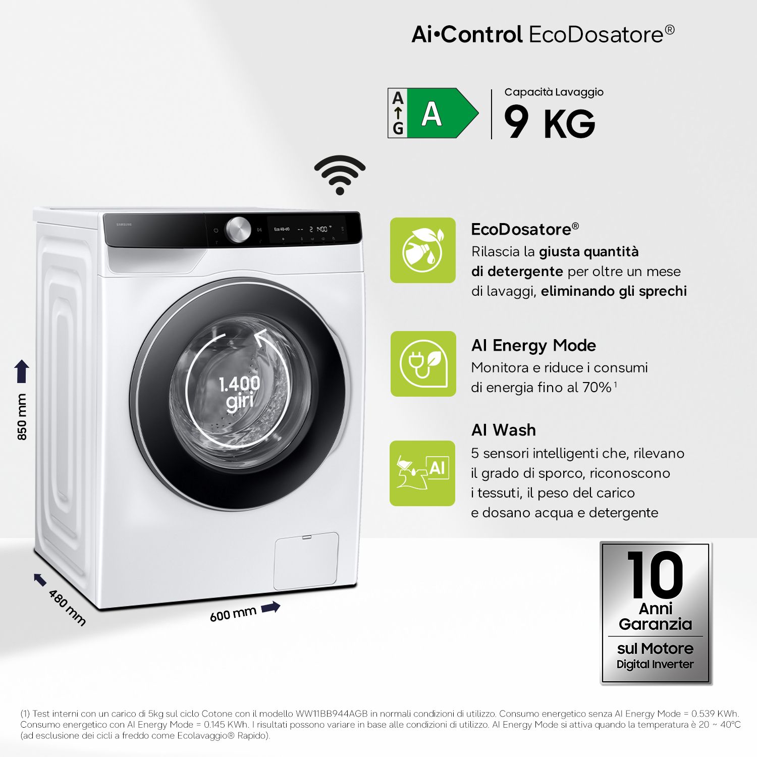 Lavadora blanca Samsung con Control AI y eficiencia energética clase A sobre fondo blanco.