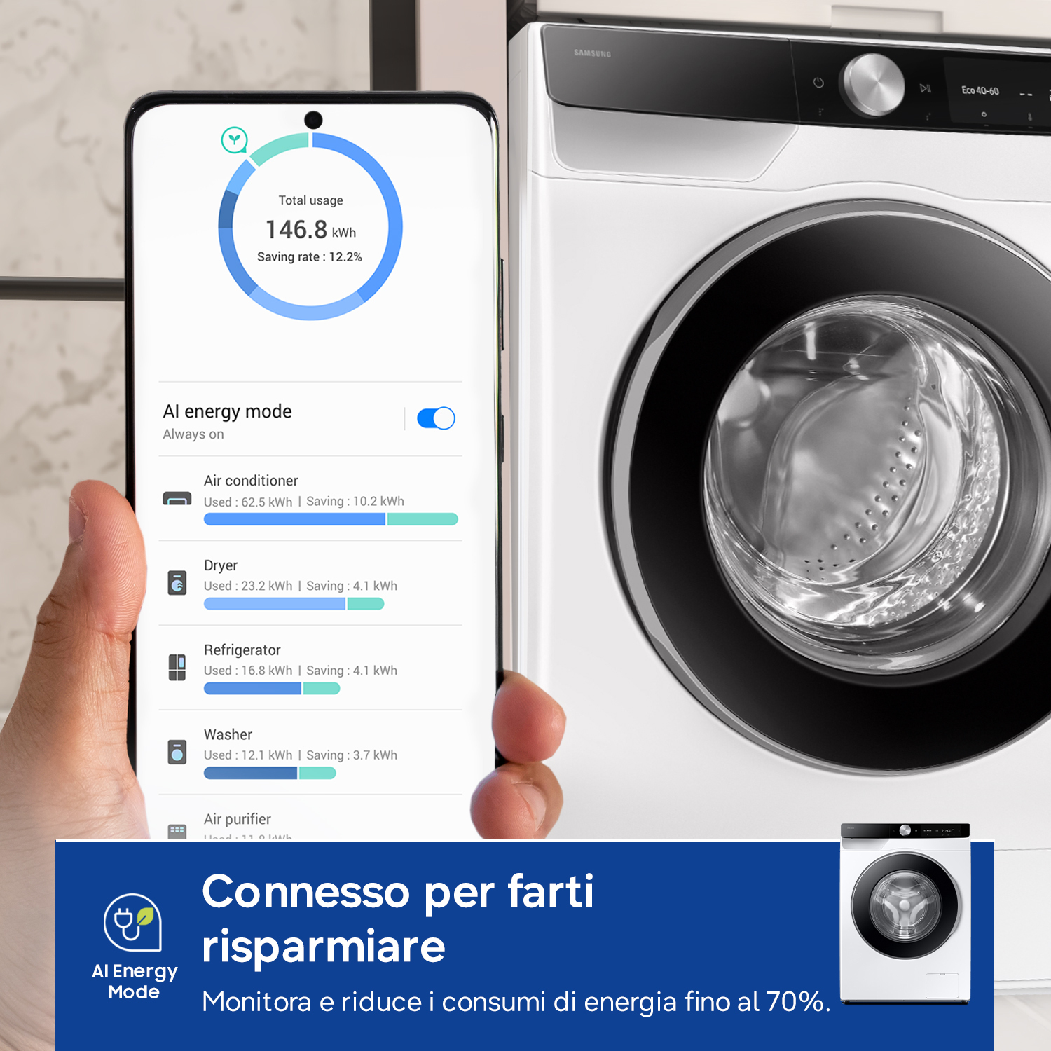 Mano sosteniendo un móvil con app de energía frente a una lavadora.