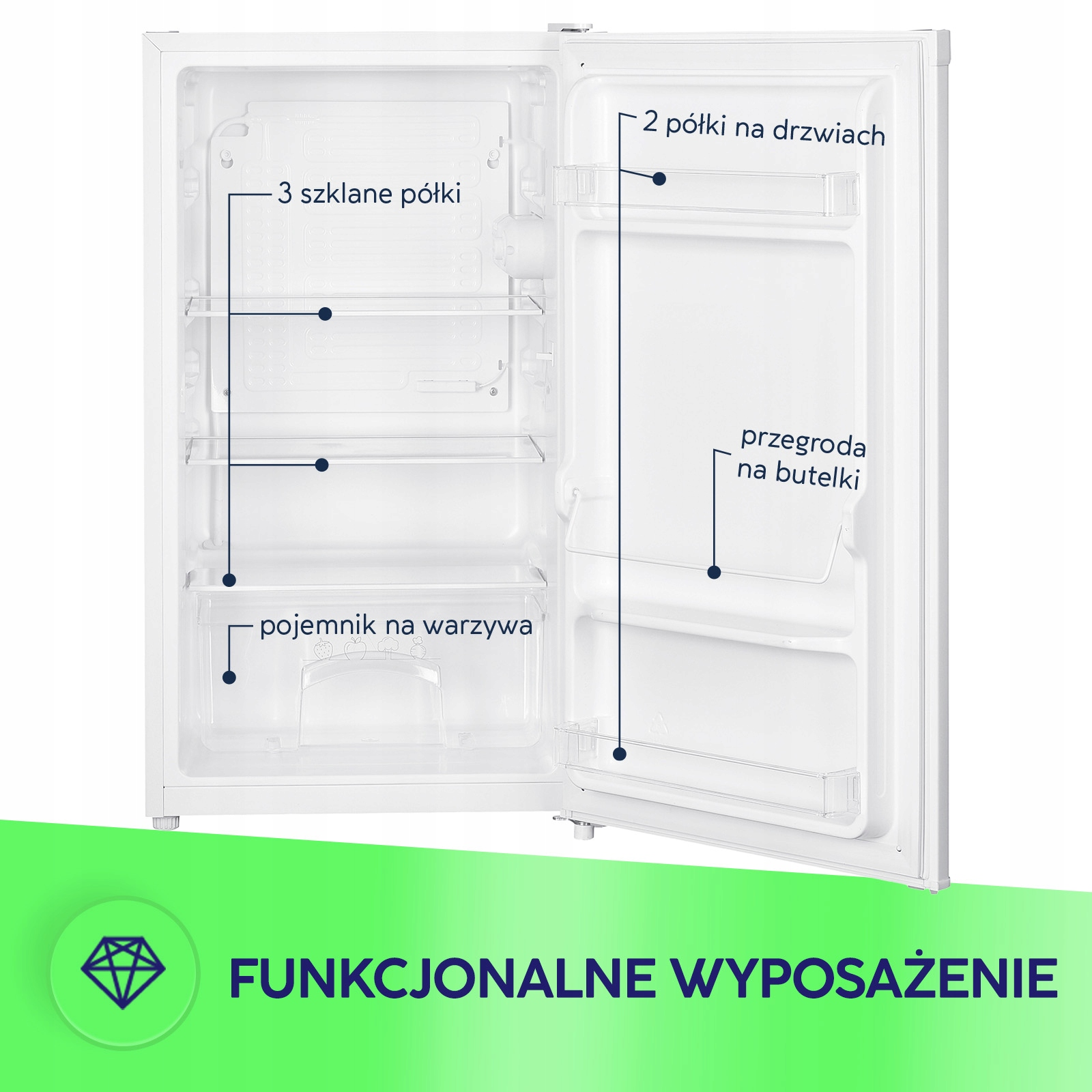 Otwarta biała lodówka ze szklanymi półkami i balkonikiem na drzwiach z opisami funkcji.