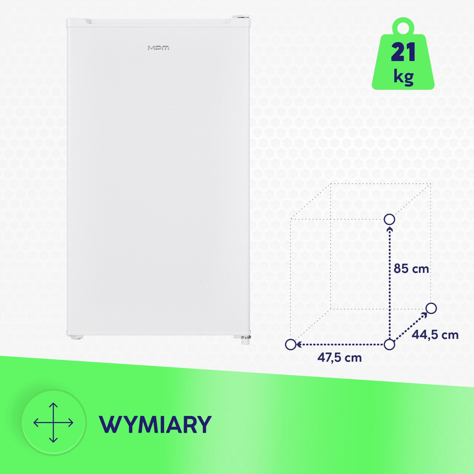 Biała lodówka MPM o wymiarach 85x47,5x44,5 cm i wadze 21 kg.