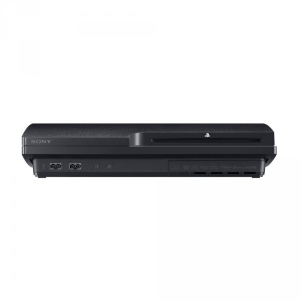 Vorderansicht einer schwarzen PlayStation 3 Konsole mit Laufwerksschlitz, USB-Anschlüssen und Sony-Logo.