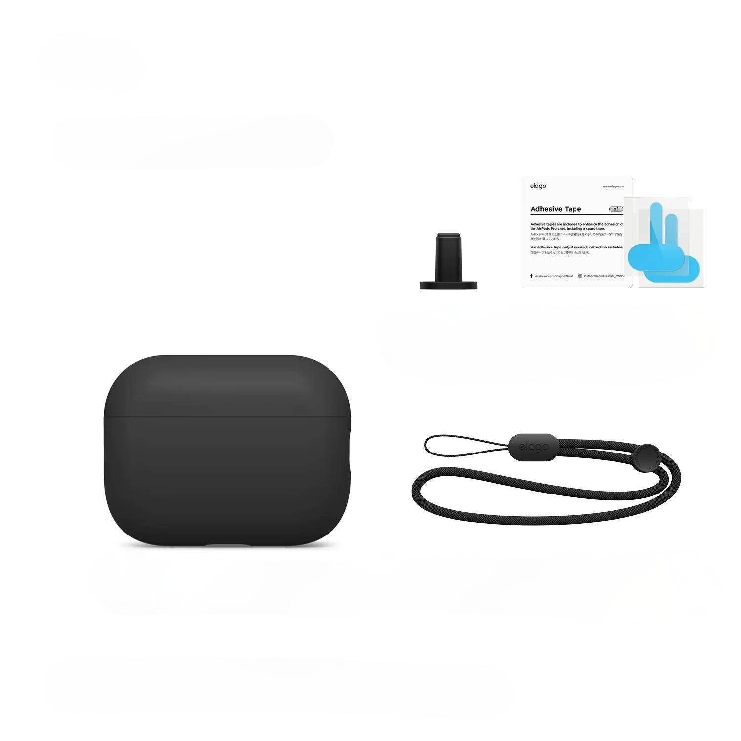 Czarne etui na AirPods, smycz, taśma klejąca i uchwyt na białym tle.