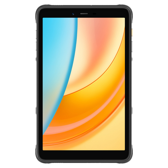 Wytrzymały tablet z kolorowym abstrakcyjnym tłem na ekranie, pokazany od przodu.