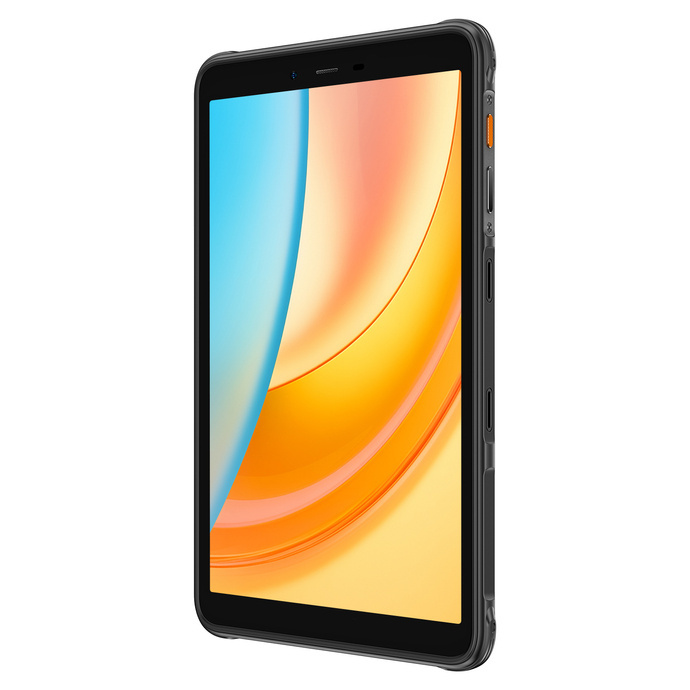 Czarny tablet z kolorowym ekranem w orientacji pionowej na białym tle.