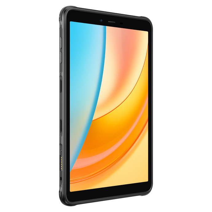 Wytrzymały czarny tablet z pomarańczowo-niebieską abstrakcyjną tapetą stoi pionowo na białym tle.
