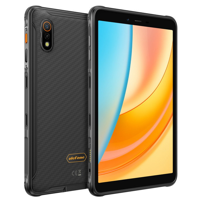 Wytrzymały tablet Ulefone z czarną obudową ukazuje widok z przodu i z tyłu z aparatem i kolorowym wyświetlaczem.