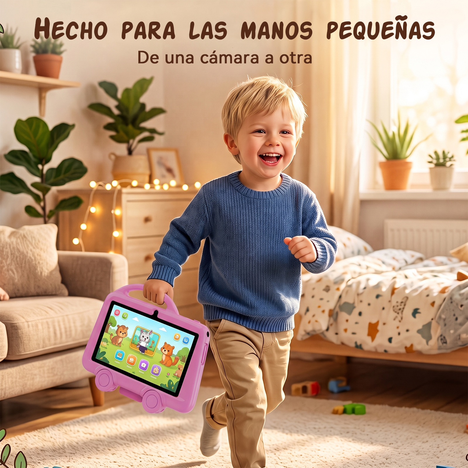 Un niño rubio sonriente corre adentro llevando una tableta de juguete rosa con animales en la pantalla.